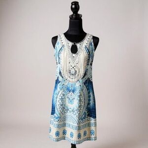 Elegant Blue and White Sleeveless Dress